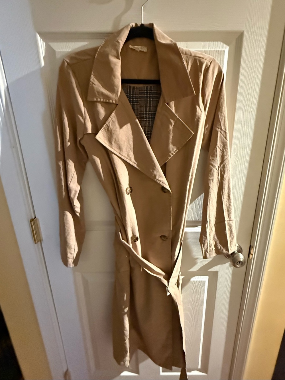 Mystree Double-Breasted Tan Trench Coat with Waist Tie